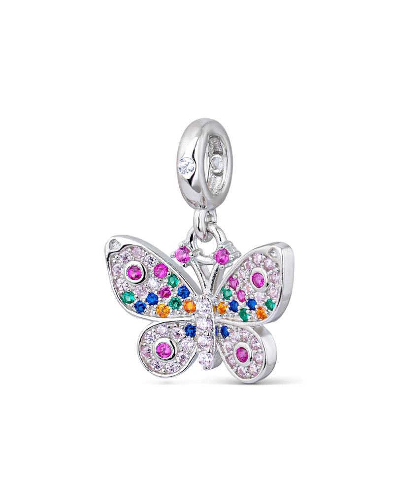 Abalorio de plata "Mariposa Multicolor" es una pieza vibrante y encantadora que captura la belleza y la ligereza de una mariposa