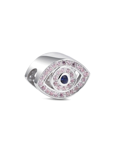 Abalorio de plata presenta un diseño de ojo, simbolizando la protección y la buena fortuna. Decorado con brillantes circonitas, 