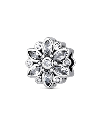 Abalorio de plata en forma de flor gris destaca por su diseño delicado y sofisticado. Inspirado en la belleza natural, su acabad