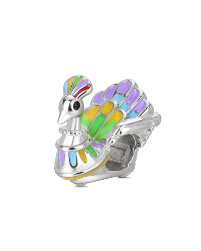 El abalorio de plata "Carnaval Pavo Real" esmaltado es una pieza vibrante y artística que destaca por su diseño colorido y detal