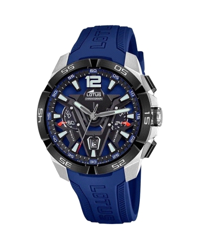 Reloj Lotus para hombre fabricado en acero inoxidable plateado y negro y silicona en color azul. Estamos ante un reloj de diseño