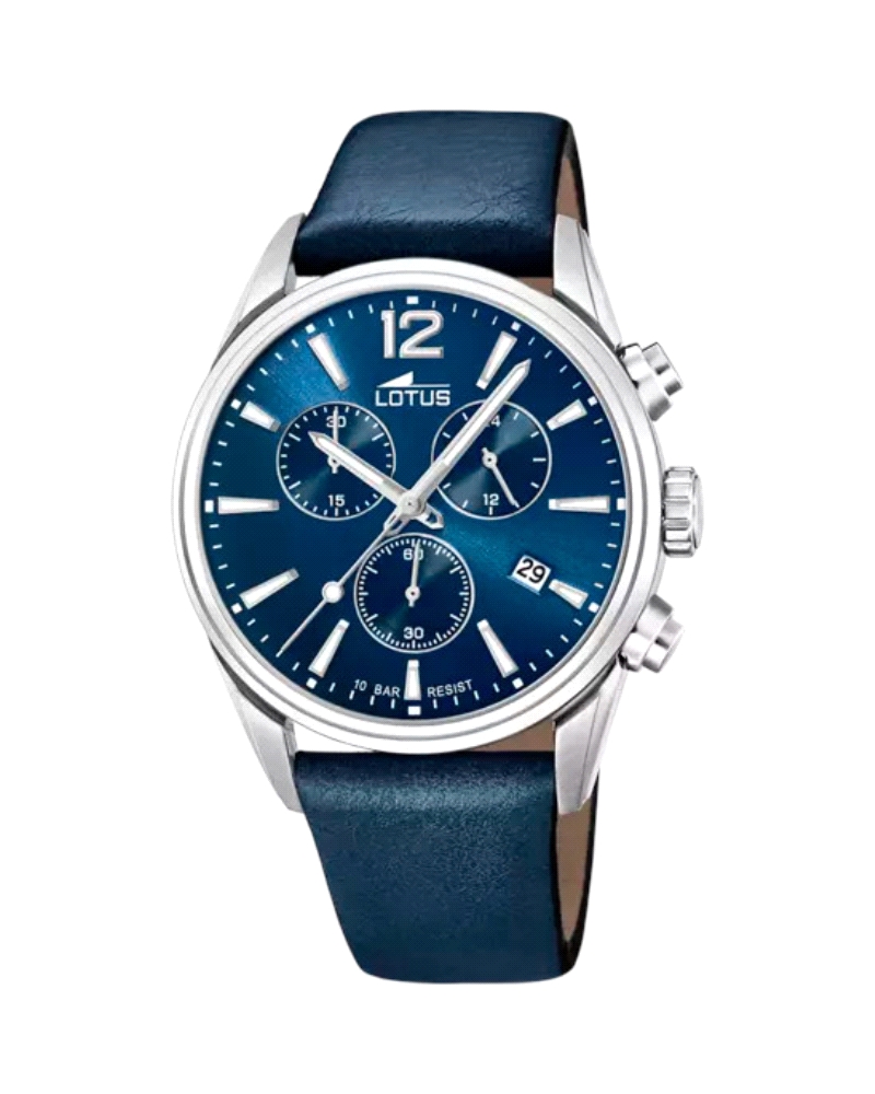 Reloj Lotus para hombre de la colección Chrono fabricado en acero inoxidable plateado y piel azul. Estamos ante un atractivo y e