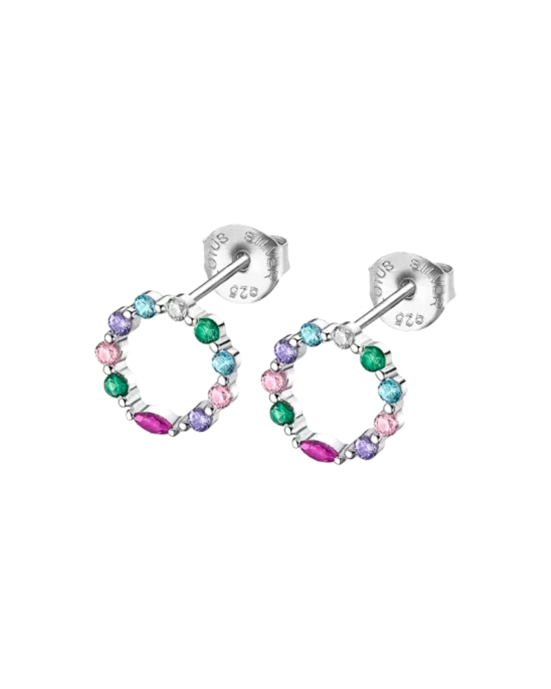Pendientes Lotus Silver para mujer fabricados en plata en forma circular compuestos por circonitas multicolor. Su cierre es de p
