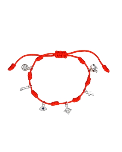 Esta significativa pulsera de hilo rojo está diseñada con siete nudos que simbolizan la protección y la buena fortuna. Cada nudo