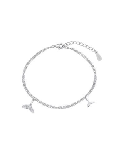 Esta elegante pulsera de plata rodiada presenta un diseño de cadena doble que se destaca por sus dos colas de ballena colgantes,