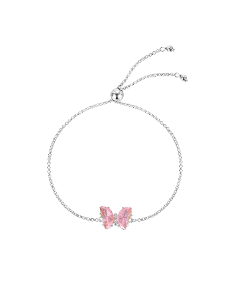 Esta encantadora pulsera de plata rodiada presenta un hermoso diseño de mariposa adornada con circonitas rosas, que aporta un to