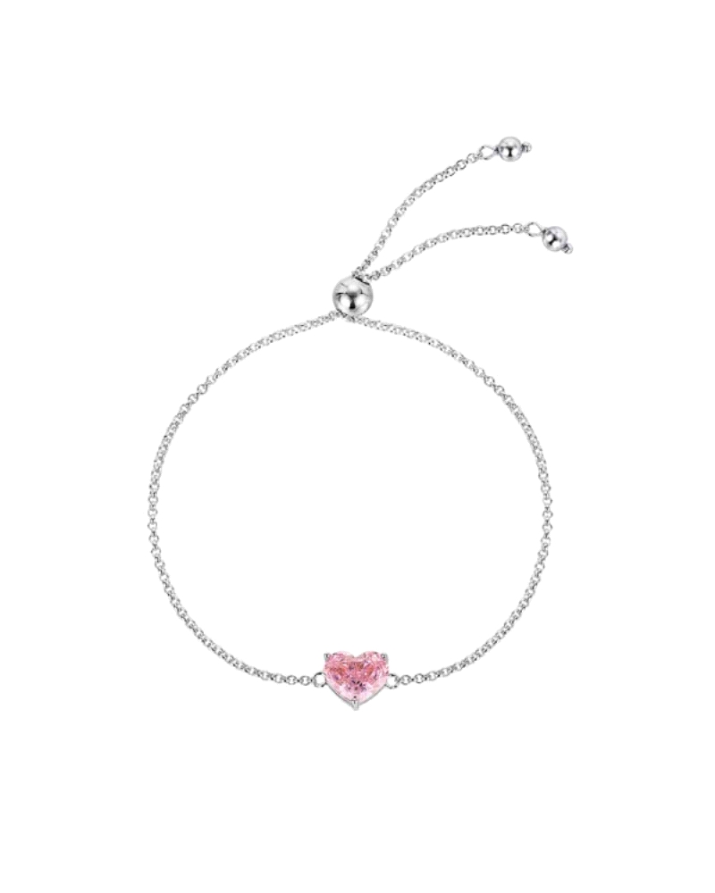 Esta delicada pulsera de plata rodiada presenta un encantador corazón de circonita rosa, que aporta un toque de elegancia y roma