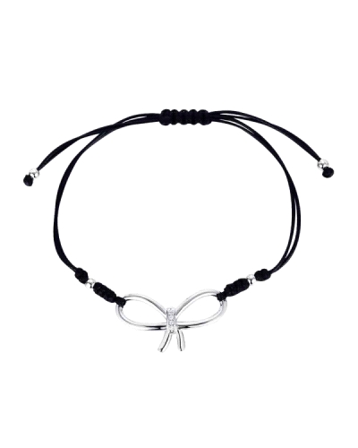 Esta exquisita pulsera de hilo negro presenta un elegante lazo de plata rodiada de 30 mm, adornado con una deslumbrante circonit