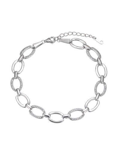 Esta pulsera de plata es un accesorio refinado y moderno que destaca por sus eslabones decorados con circonitas en forma de piez