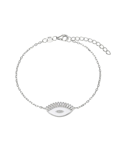 Esta pulsera de plata rodiada presenta un llamativo diseño con un ojo esmaltado de 20 mm adornado con detalles de baguettes, que