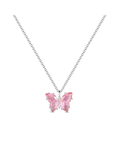 El collar de plata rodiada con colgante en forma de mariposa y circonita rosa es una pieza encantadora y femenina, perfecta para