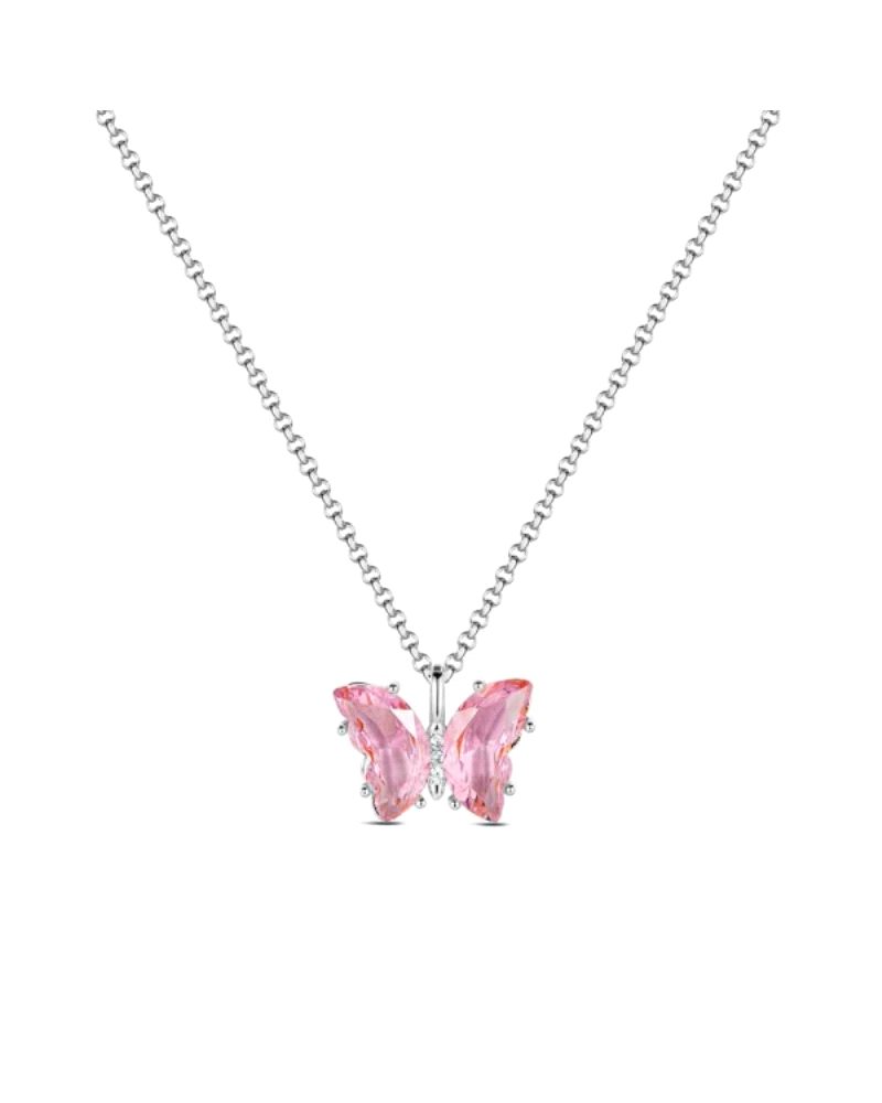 El collar de plata rodiada con colgante en forma de mariposa y circonita rosa es una pieza encantadora y femenina, perfecta para