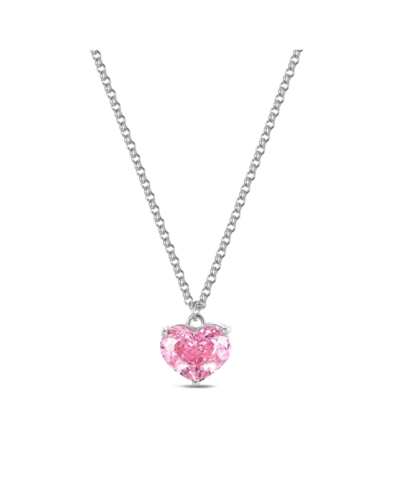 El collar de plata rodiada con colgante en forma de corazón y circonita rosa es una joya delicada y romántica, ideal para expres