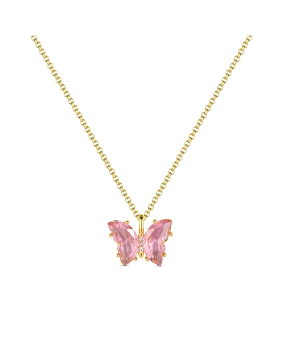 El collar de plata chapado con colgante en forma de mariposa y circonita rosa es una pieza delicada y femenina, ideal para quien