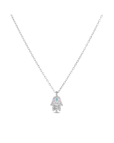 El colgante de plata rodiada con diseño de Hamsa y piedra turquesa de 10 mm es una joya encantadora que combina elegancia y simb