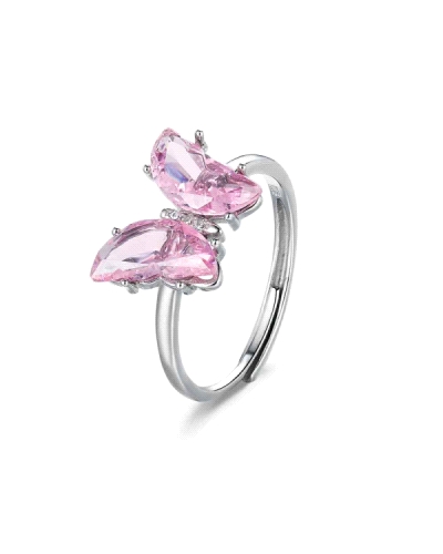 El anillo de plata rodiada con diseño de mariposa y circonita rosa de 20 mm es una joya delicada y encantadora que simboliza la 