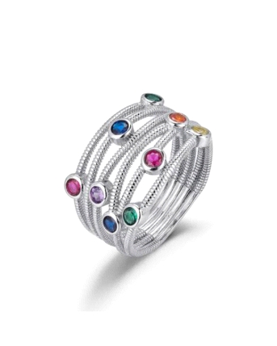 El anillo de plata rodiada con hilos y piedras de color es una pieza moderna y vibrante que combina la elegancia de la plata con