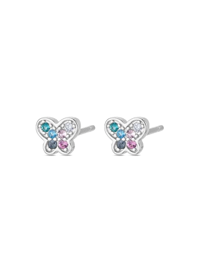 Pendientes de plata con diseño en forma de mariposa, decorados con circonitas de colores. Estos pendientes destacan por su delic