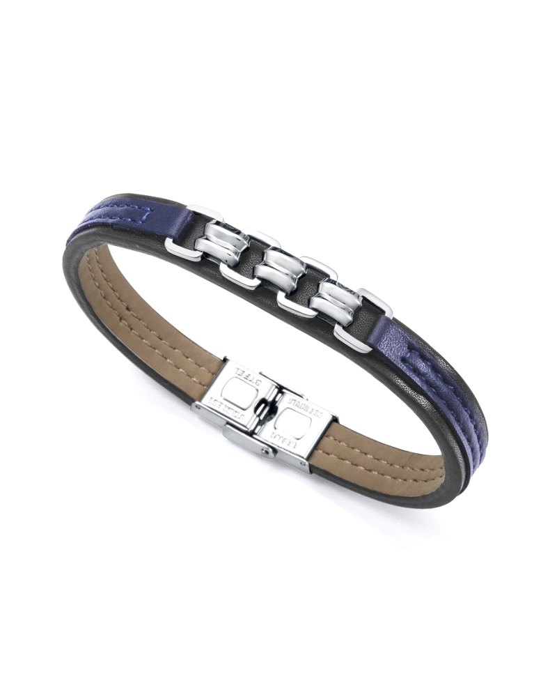 Pulsera para hombre combinando la originalidad y el diseño más innovador. Con su cadena bicolor en acero y la piel azul, este co