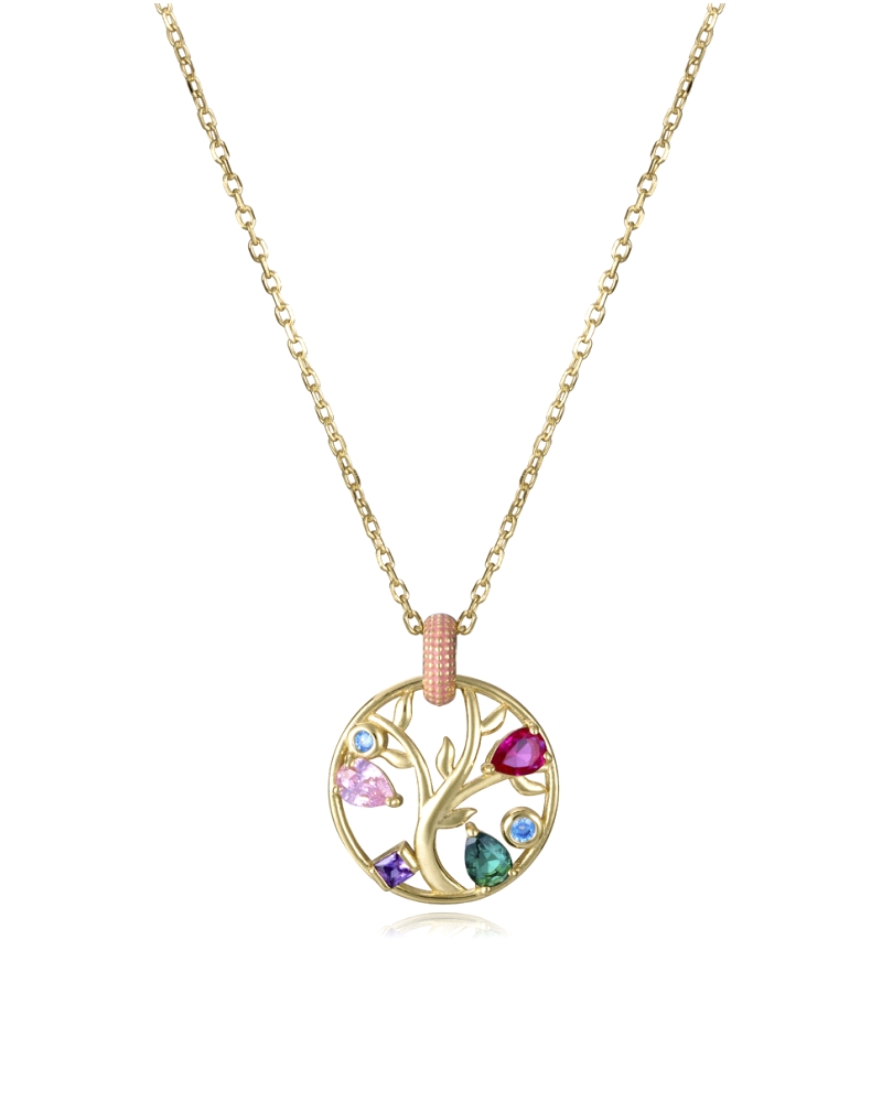 Collar de plata de primera ley con baño de oro con aro con esmalte rosa y colgante del arbol de la vida con circonitas de colore