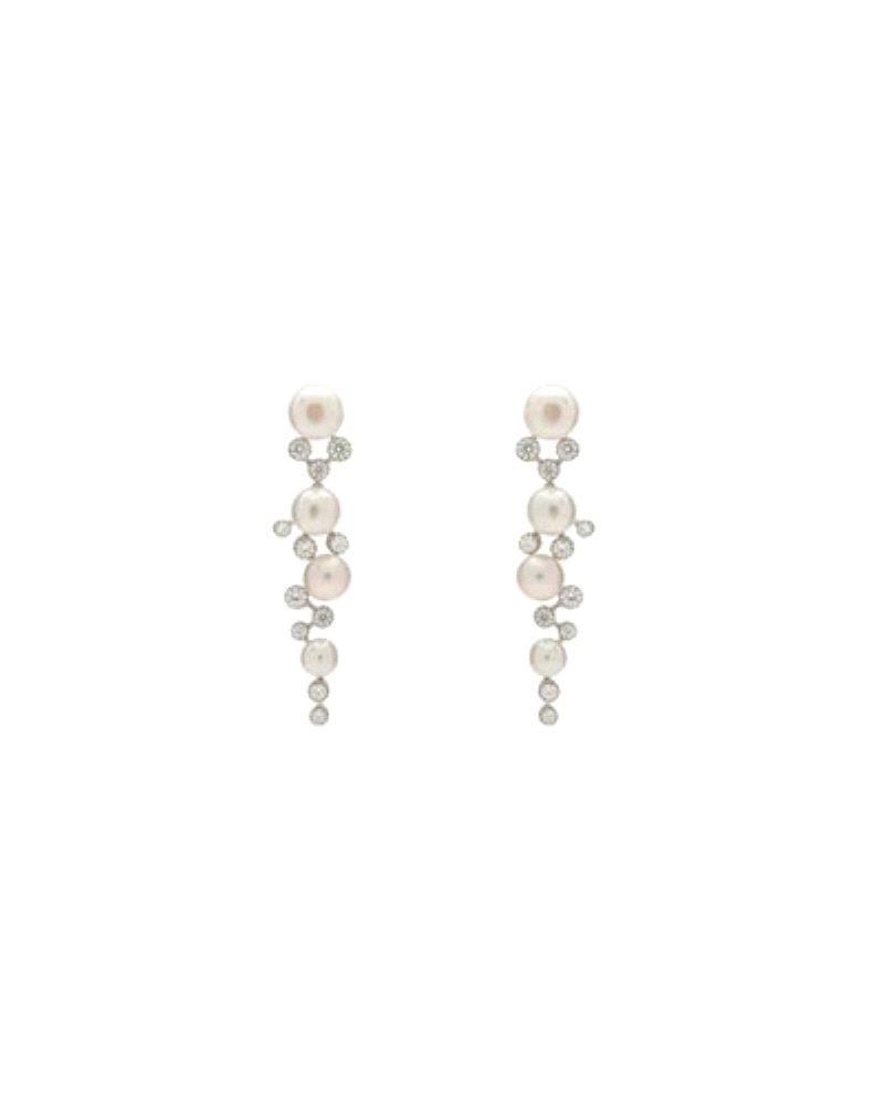 Pendientes largos diseño combinado de perlas y circonitas. Pendientes con perlas naturales y circonitas brillantes de diseño rom
