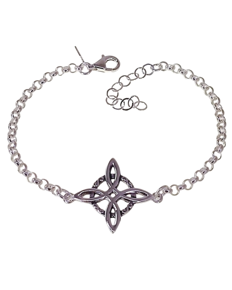 Pulsera de plata con diseño de nudo de bruja, elaborada en plata 925, que garantiza Durabilidad y Brillo. Este Diseño Único y Mí