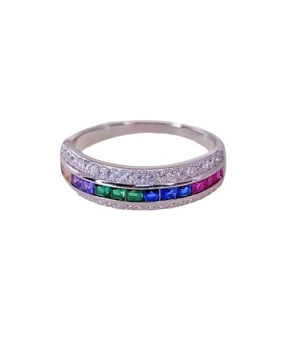 Sortija plata de ley 925 rodiada ( 6mm ancho ) con piedra microengaste y piedras circonitas color .  

