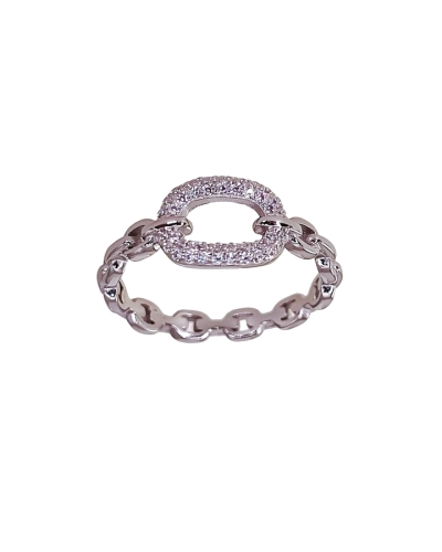 Sortija plata de ley 925 rodiada cuerpo de 3mm ancho con entre pieza ( 8mm x 12mm ) piedras circonitas microengaste . 

