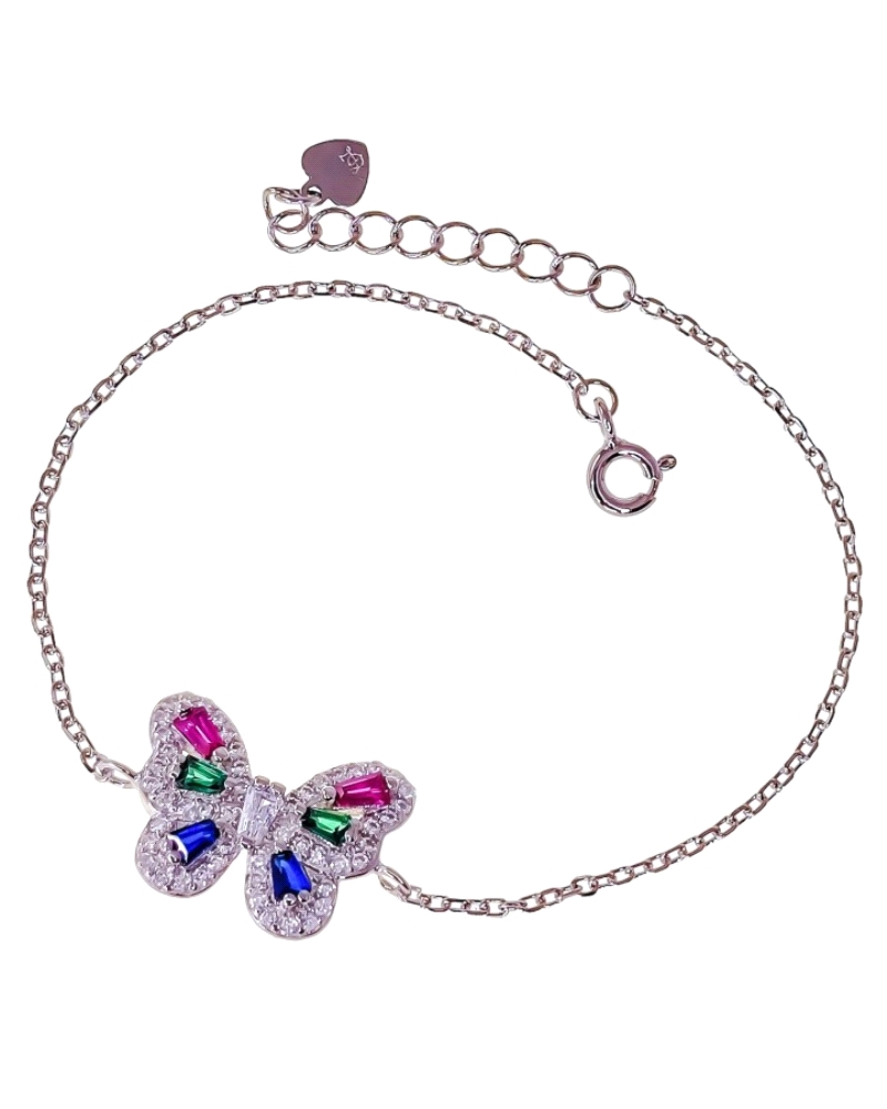 Pulsera plata de ley 925 rodiada cadena forzada de 16 cm largo + cadena adaptable de 3 cm con motivo mariposa circonitas en colo