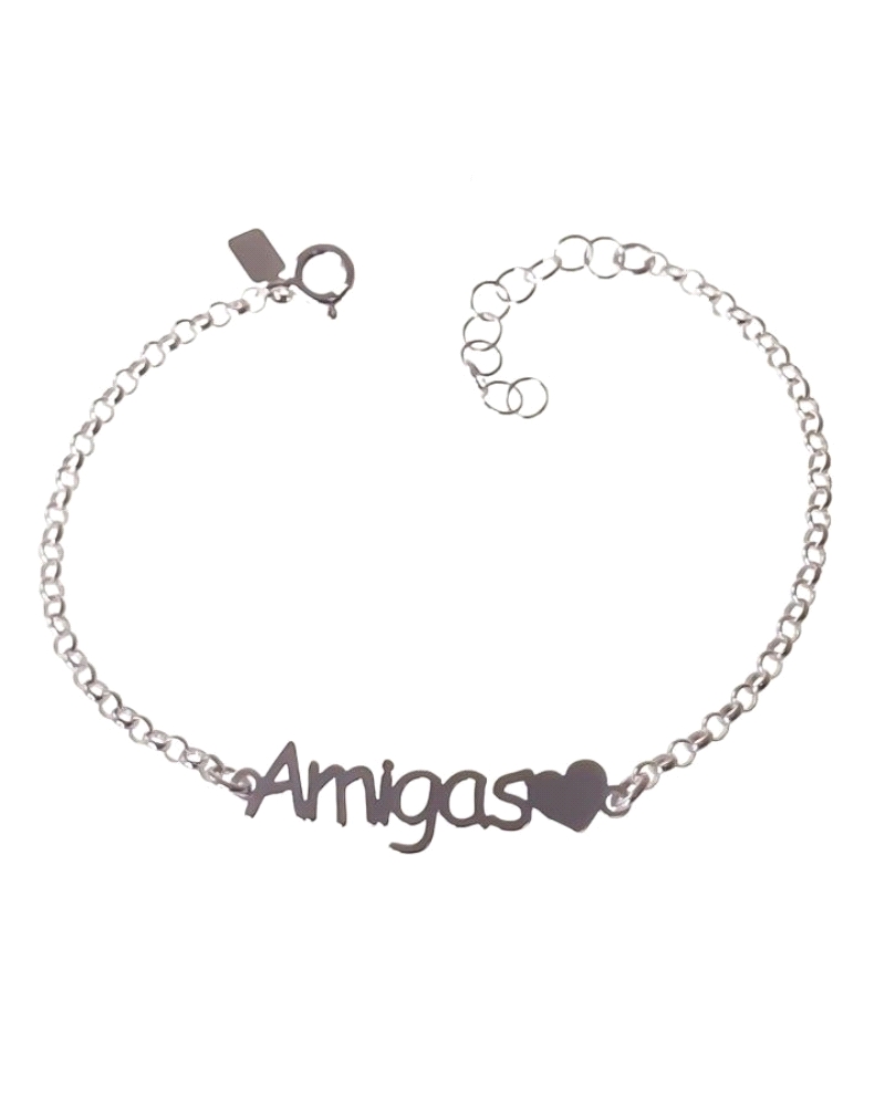 Pulsera plata de ley 925 cadena rolo de 17 cm largo + cadena adaptable de 3 cm con motivo mensaje Amigas corazón ( 3 cm largo )