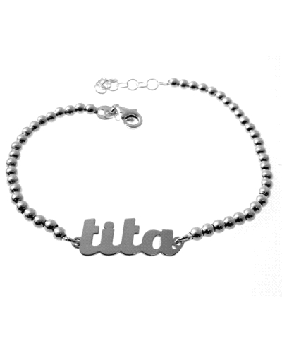 Pulsera plata de ley 925 cadena con bolas de 3mm de 18 cm largo con mensaje "tita· de 2.4 cm largo .