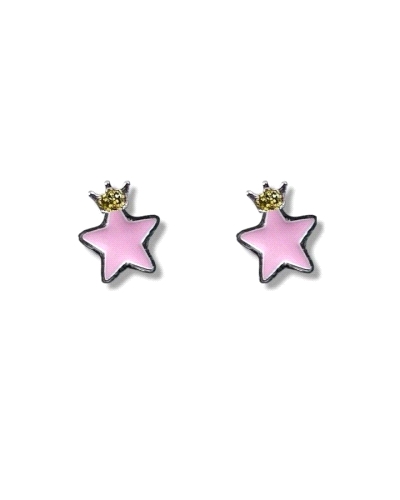 Pendiente infantil plata de ley 925 estrella(5mm) esmaltada en color rosa con motivo corona (2mm) purpurina . Pendiente con cier