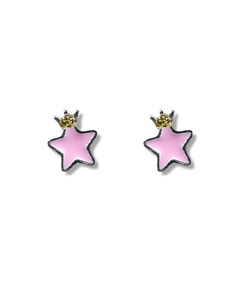 Pendiente infantil plata de ley 925 estrella(5mm) esmaltada en color rosa con motivo corona (2mm) purpurina . Pendiente con cier