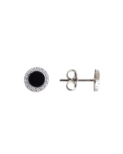 Pendiente plata de ley 925 de 6mm en presión con motivo greca y piedra en color blanco o negro