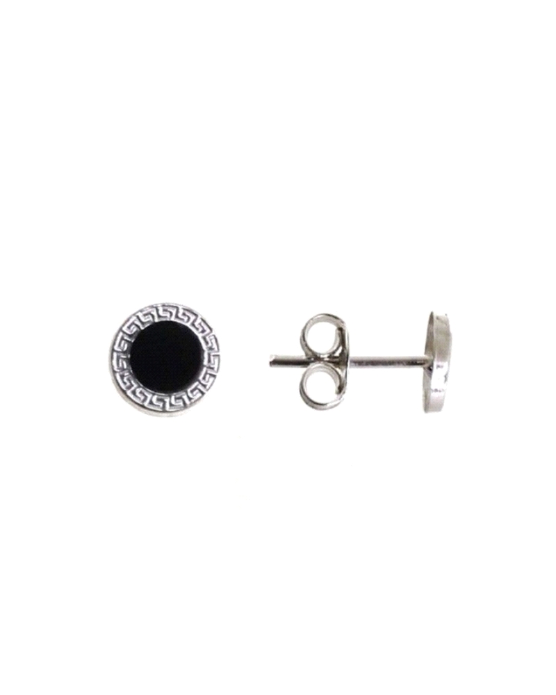 Pendiente plata de ley 925 de 6mm en presión con motivo greca y piedra en color blanco o negro