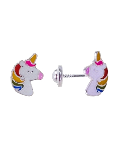 Pendiente infantil plata de ley 925 unicornio esmaltado en colores de 8mm x 6mm tuerca .