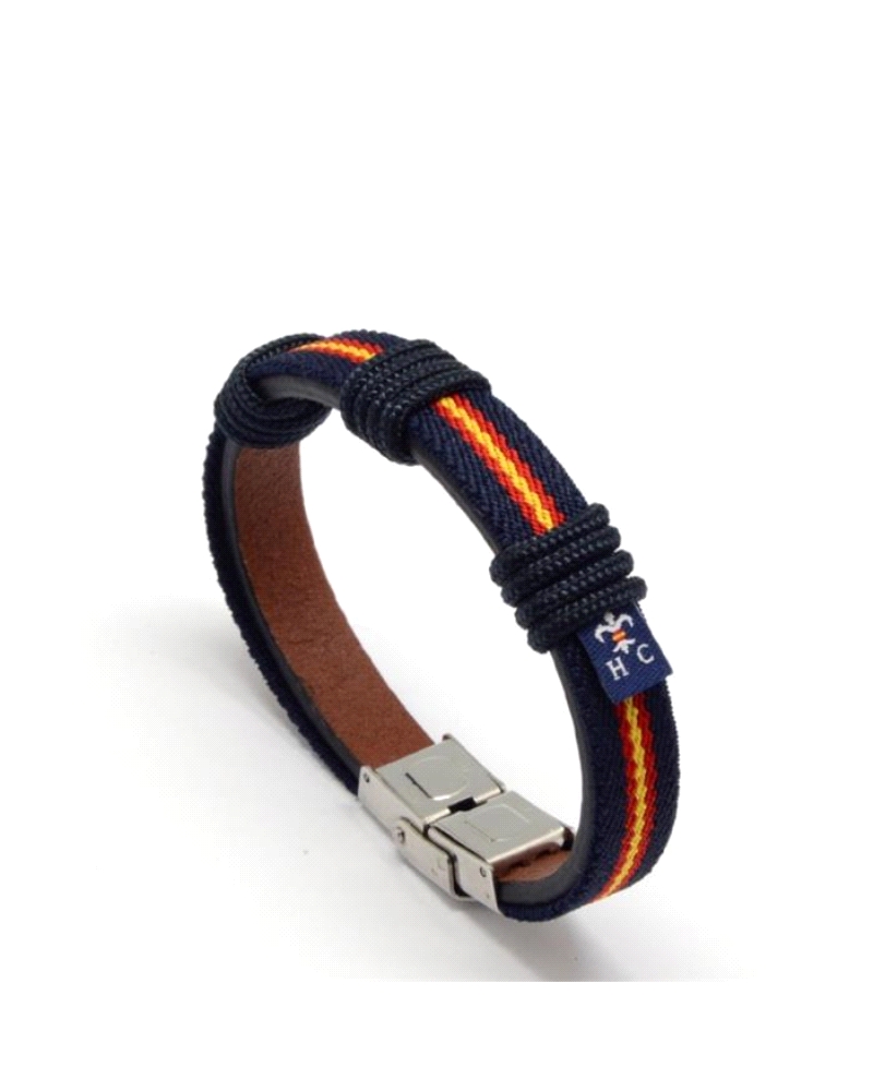 Pulsera Hispania para hombre de la colección Wake-Up España fabricada en piel con cordón nautico en color azul y la bandera de e