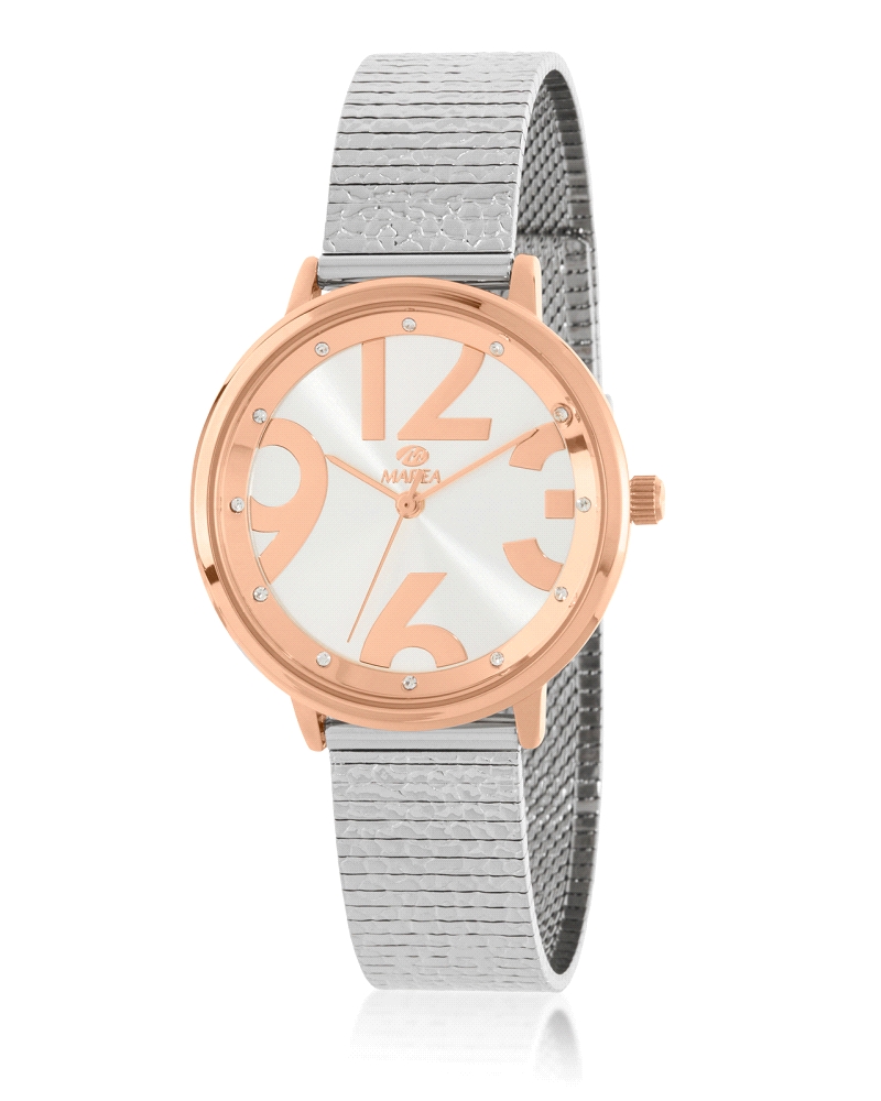Movimiento japonés: 3 agujas.
Diámetro Caja: 36 mm.
Material Caja: Metal color rose gold con tapa trasera y corona de acero.
