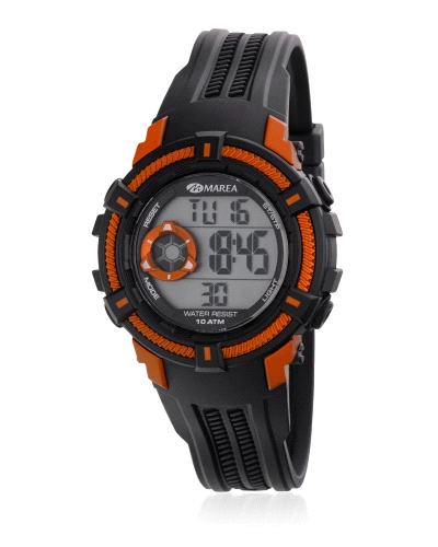 Reloj digital pantalla LCD.
Diámetro Caja: 37 mm.
Material Caja: Plástico color negro con detalles en color naranja.
Material