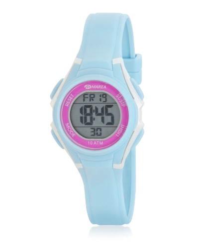 Movimiento japonés digital de pantalla LCD.
Diámetro Caja: 33 mm.
Material Caja: Plástico color azul claro con detalles color 