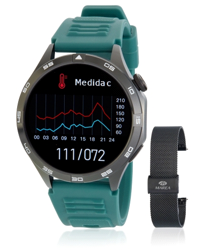 Pantalla: 1.46 pulgadas
Diámetro: 44 mm.
Batería: 270 mAh
Duración 5 días, puede ser más según uso.
Material Caja: Metal col