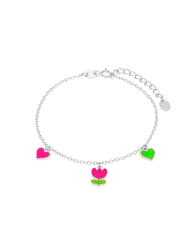 Pulsera tulipán. Plata de 1ª Ley rodiada. Esmalte fucsia y verde. Cierre reasa. Cadena adaptable.