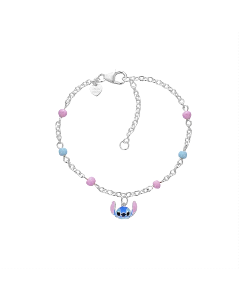 Esta pulsera de plata inspirada en Disney Lilo & Stitch es un accesorio lleno de encanto y color. Con pequeñas bolitas rosas y a