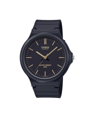 Reloj analógico básico y ultraligero. Caja y correa de resina negra, esfera negra con numerales grandes y buen contraste. Muy de