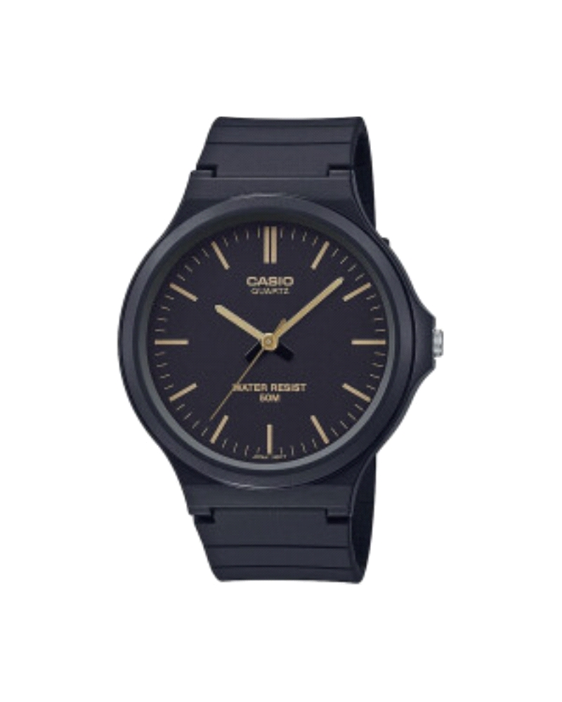 Reloj analógico básico y ultraligero. Caja y correa de resina negra, esfera negra con numerales grandes y buen contraste. Muy de