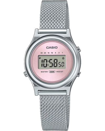 El Casio LA700WEM-4AEF es un reloj digital retro ultrafino con acabado plateado y detalles grises. Incluye cronómetro, alarma di
