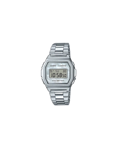 El Casio A1000D-7EF es un reloj digital retro con diseño totalmente metálico en acero inoxidable plateado. Incorpora luz LED par