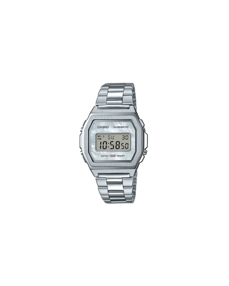 El Casio A1000D-7EF es un reloj digital retro con diseño totalmente metálico en acero inoxidable plateado. Incorpora luz LED par