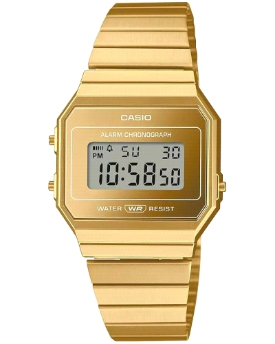 El Casio A700WEVG-9AEF es un reloj digital retro con acabado dorado elegante y diseño ultrafino. Incluye luz LED, cronómetro, al