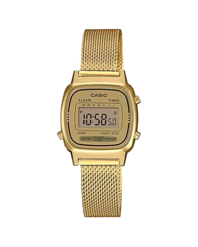 El Casio LA670WEMY-9EF es un reloj digital retro con acabado dorado elegante y diseño compacto. Cronómetro 1/10 s, alarma diaria